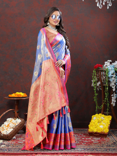 Odette Blue Kanjivaram Silk Woven Saree with Unstitched Blouse for Women