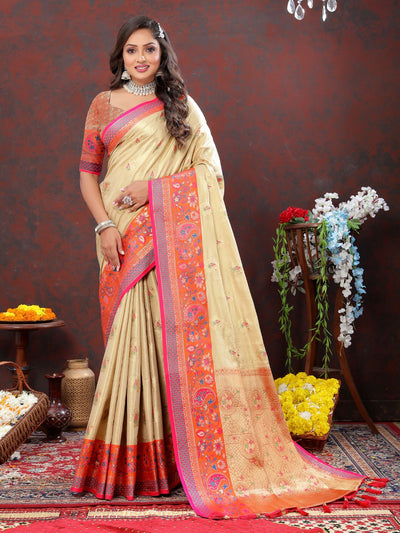 Odette Cream Kanjivaram Silk Woven Saree with Unstitched Blouse for Women