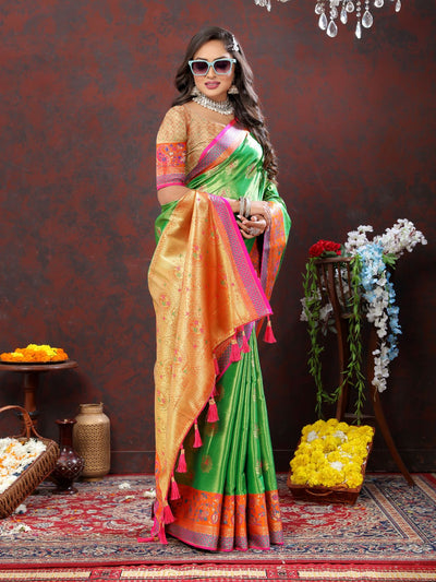 Odette Green Kanjivaram Silk Woven Saree with Unstitched Blouse for Women