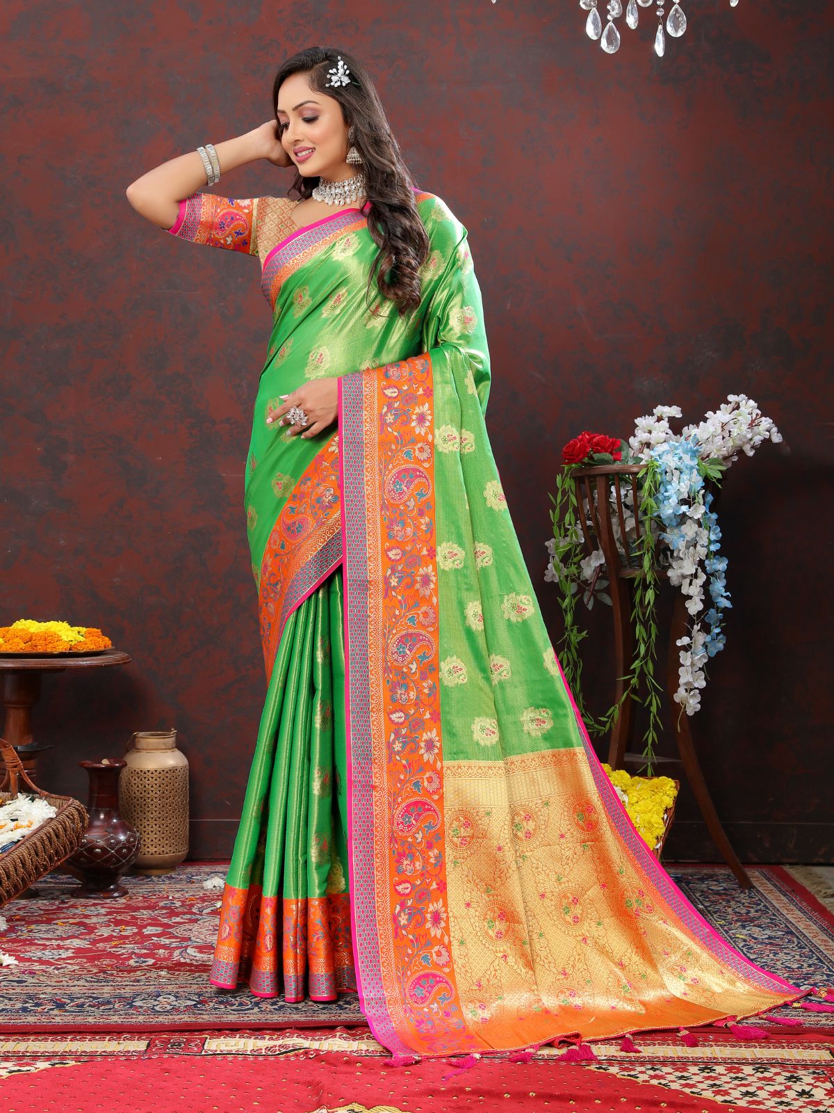 Odette Green Kanjivaram Silk Woven Saree with Unstitched Blouse for Women