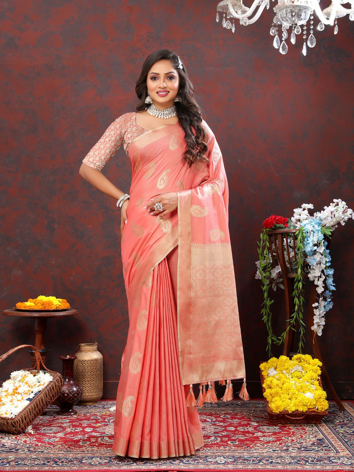 Odette Peach Cotton Blend Woven Saree with Unstitched Blouse for Women