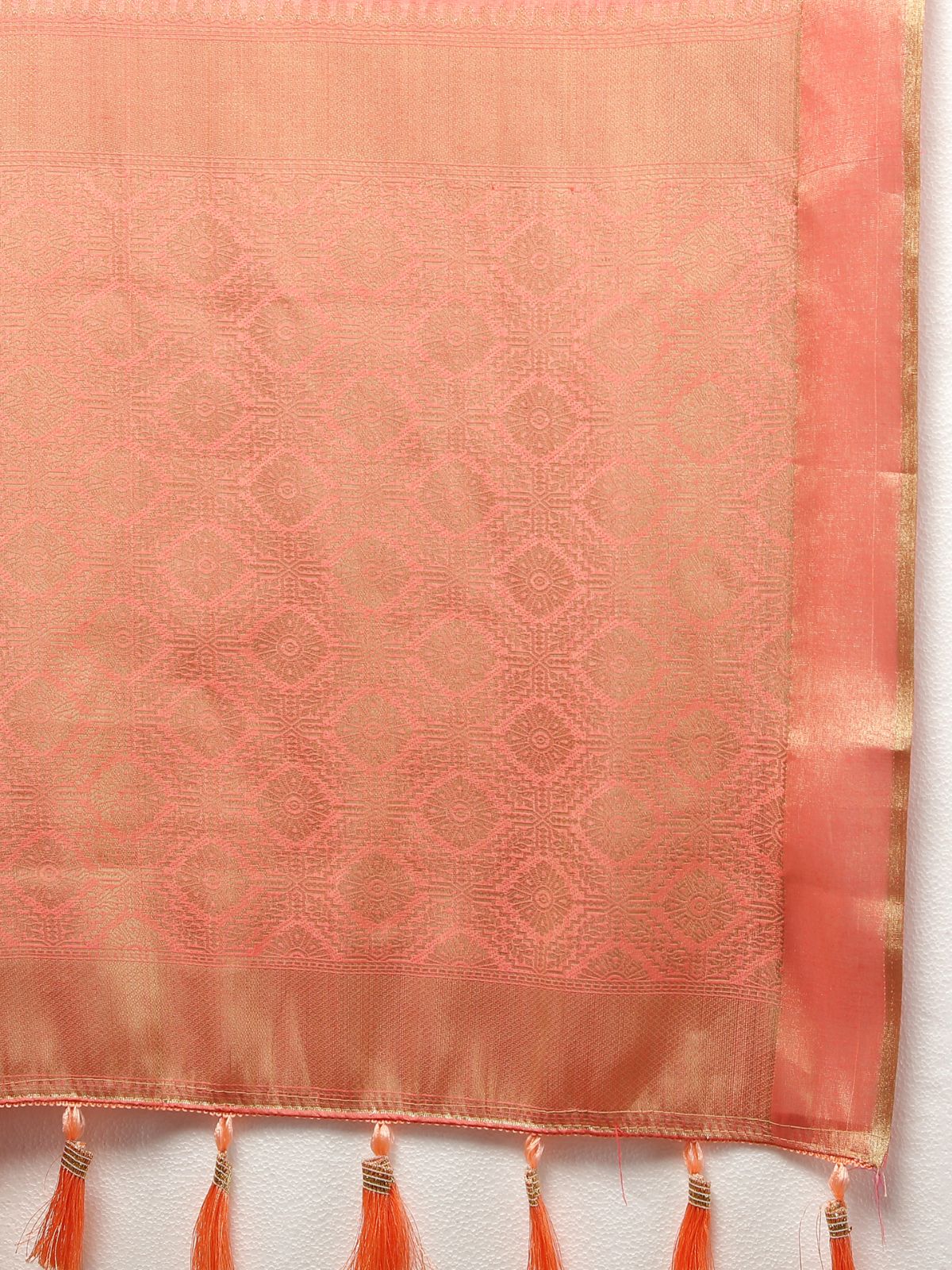 Odette Peach Cotton Blend Woven Saree with Unstitched Blouse for Women