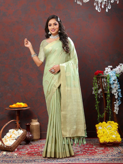 Odette Light Green Cotton Blend Woven Saree with Unstitched Blouse for Women