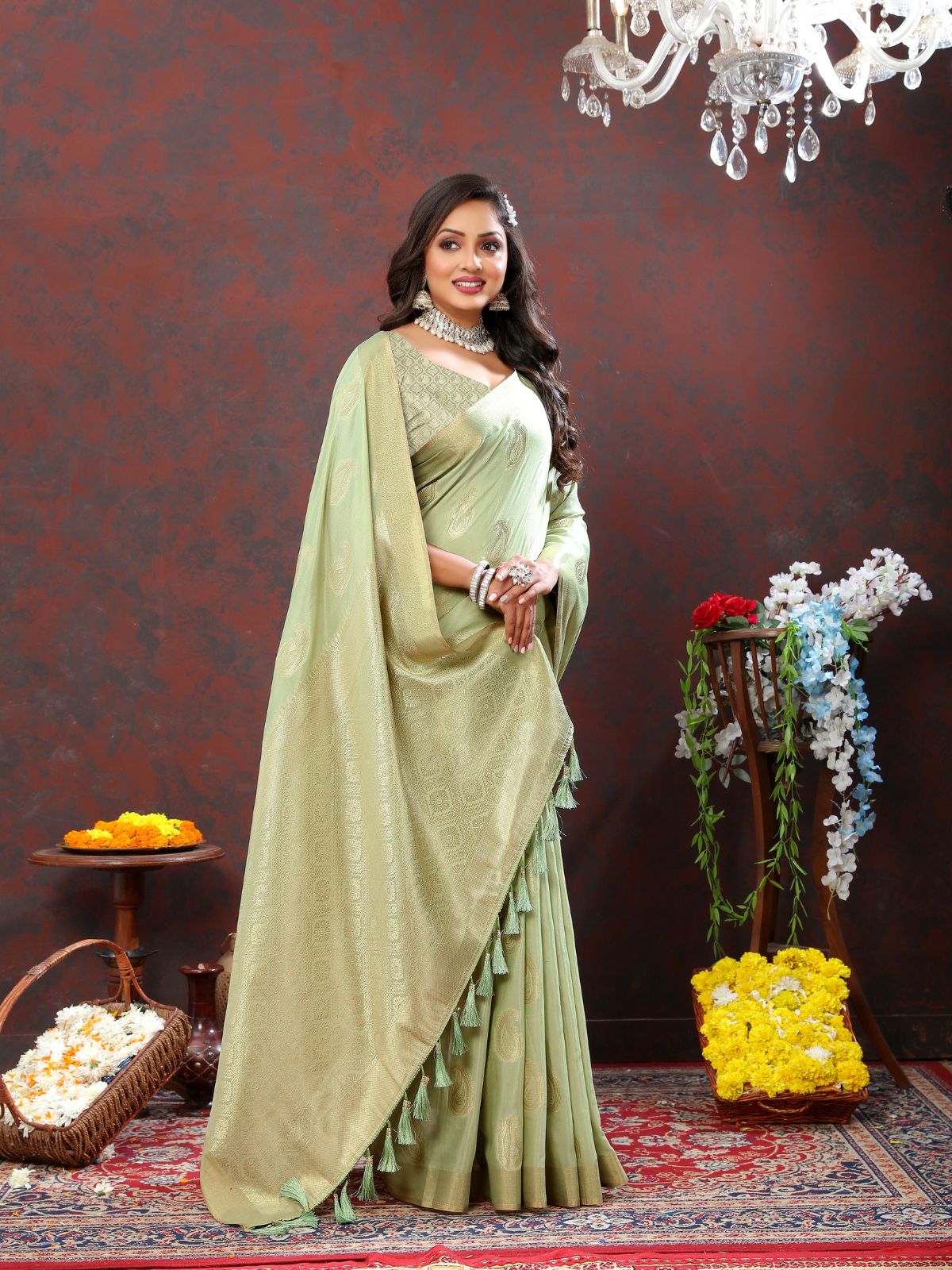 Odette Light Green Cotton Blend Woven Saree with Unstitched Blouse for Women