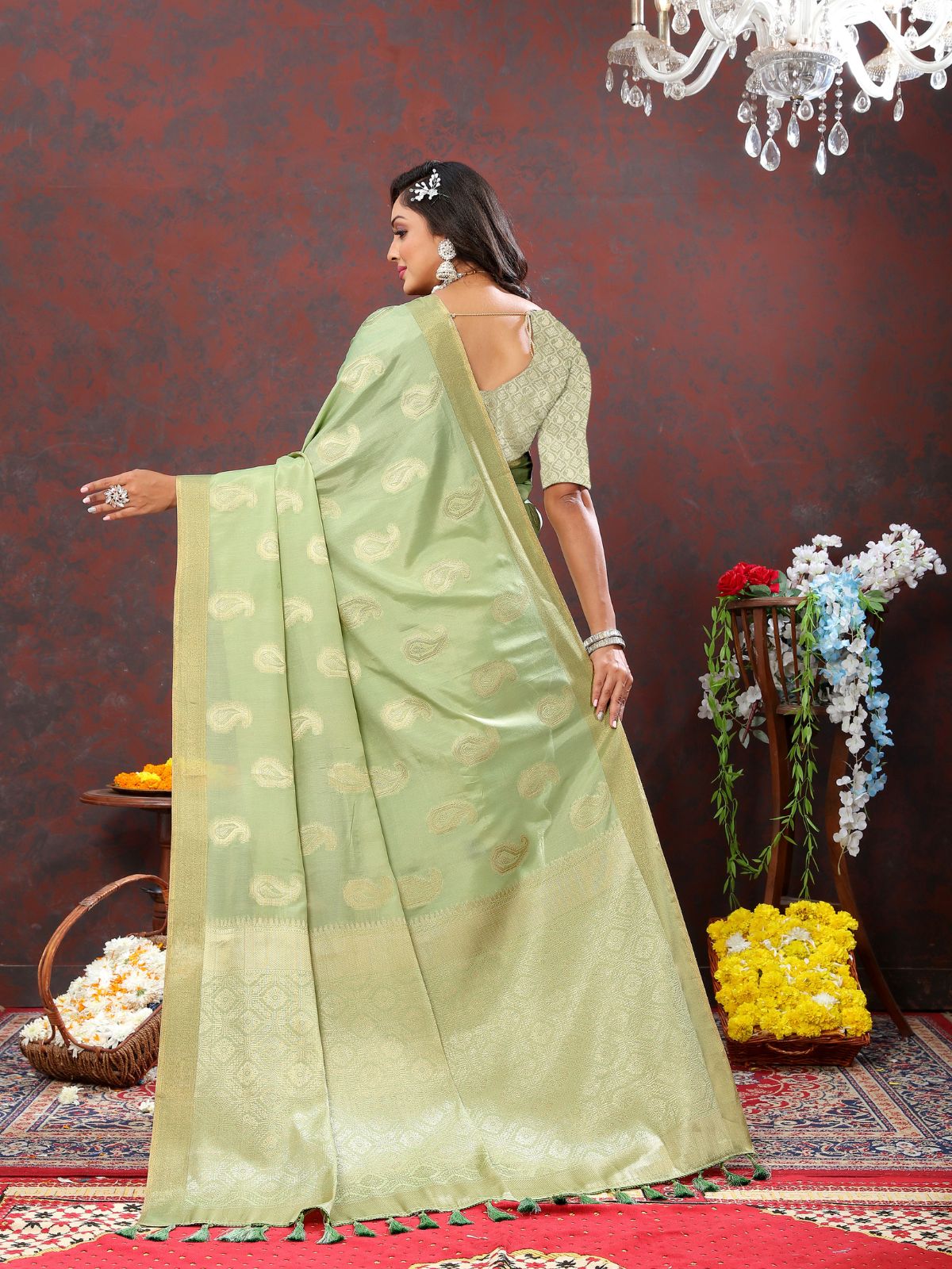 Odette Light Green Cotton Blend Woven Saree with Unstitched Blouse for Women