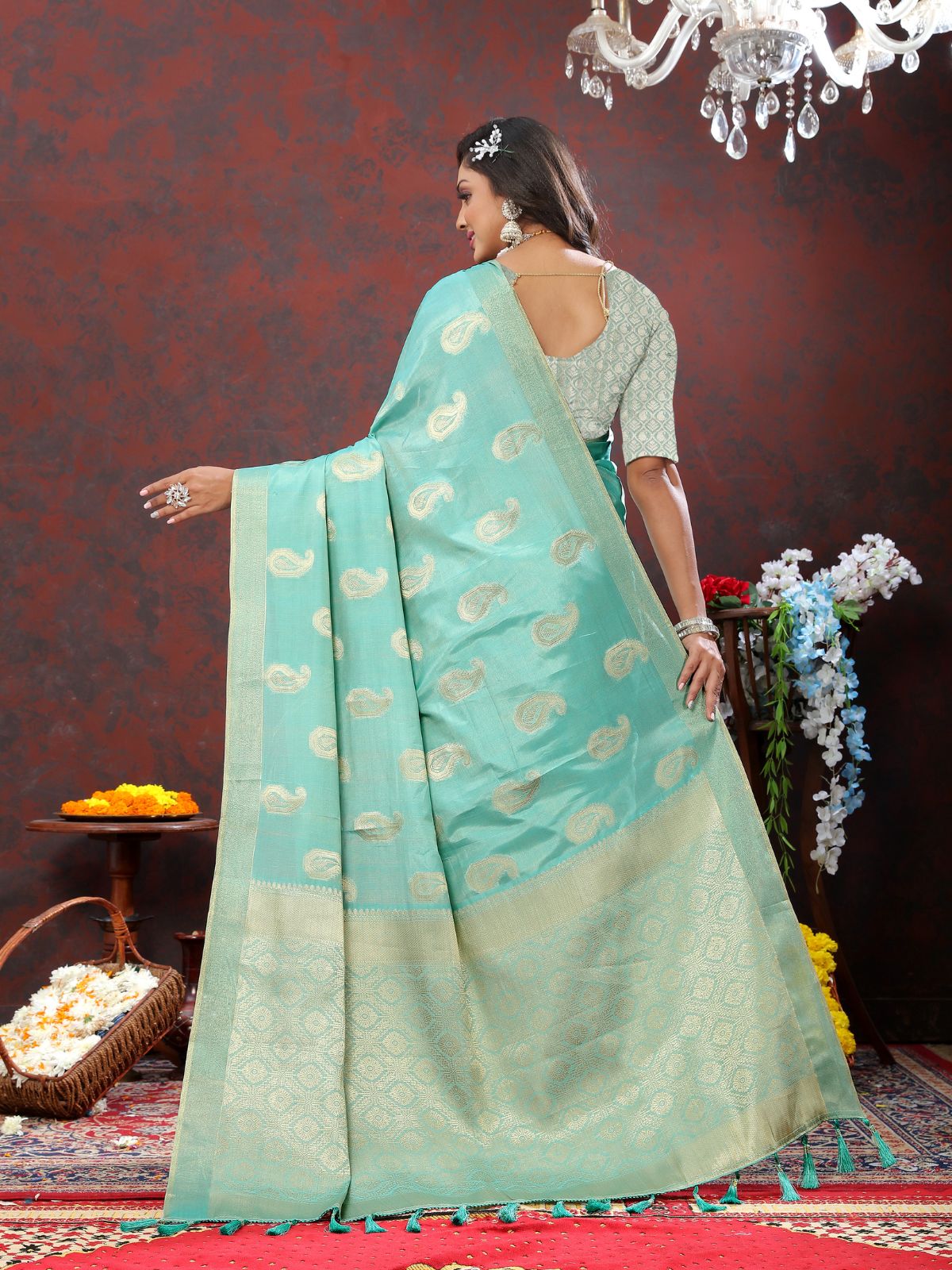 Odette Blue Cotton Blend Woven Saree with Unstitched Blouse for Women