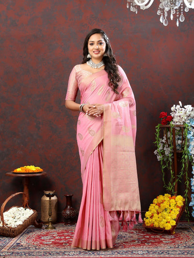 Odette Pink Cotton Blend Woven Saree with Unstitched Blouse for Women