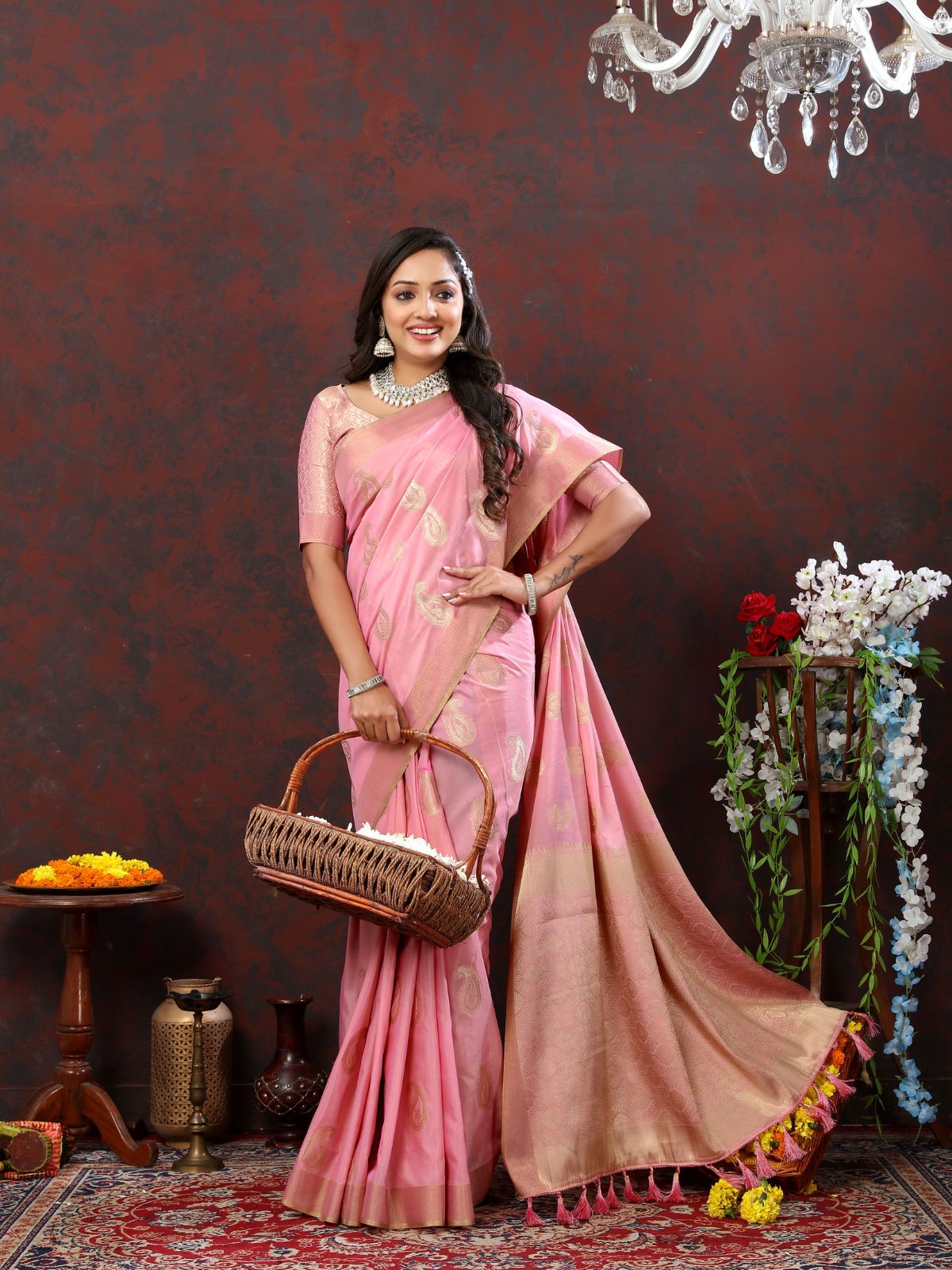 Odette Pink Cotton Blend Woven Saree with Unstitched Blouse for Women