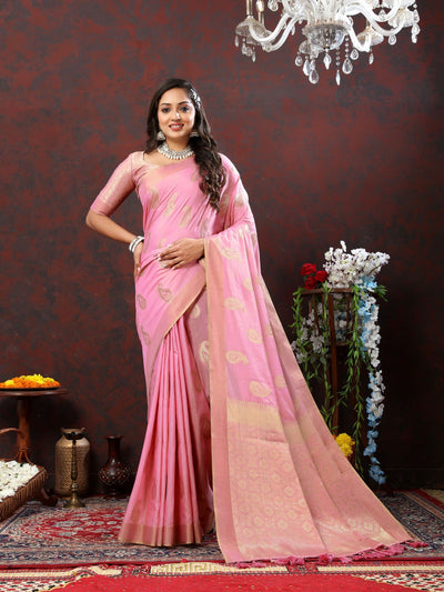 Odette Pink Cotton Blend Woven Saree with Unstitched Blouse for Women