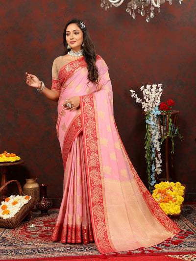 Odette Pink Cotton Blend Woven Saree with Unstitched Blouse for Women