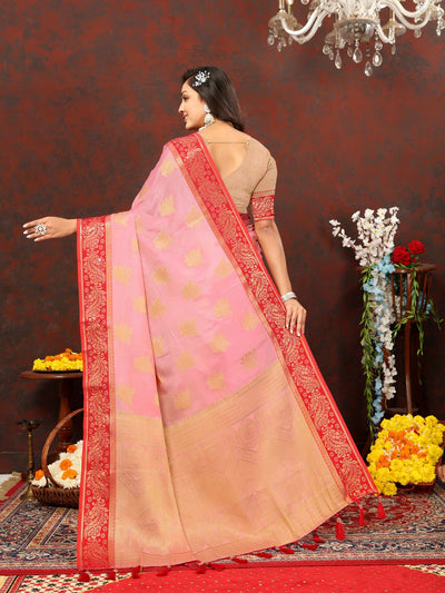 Odette Pink Cotton Blend Woven Saree with Unstitched Blouse for Women