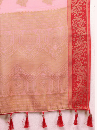 Odette Pink Cotton Blend Woven Saree with Unstitched Blouse for Women