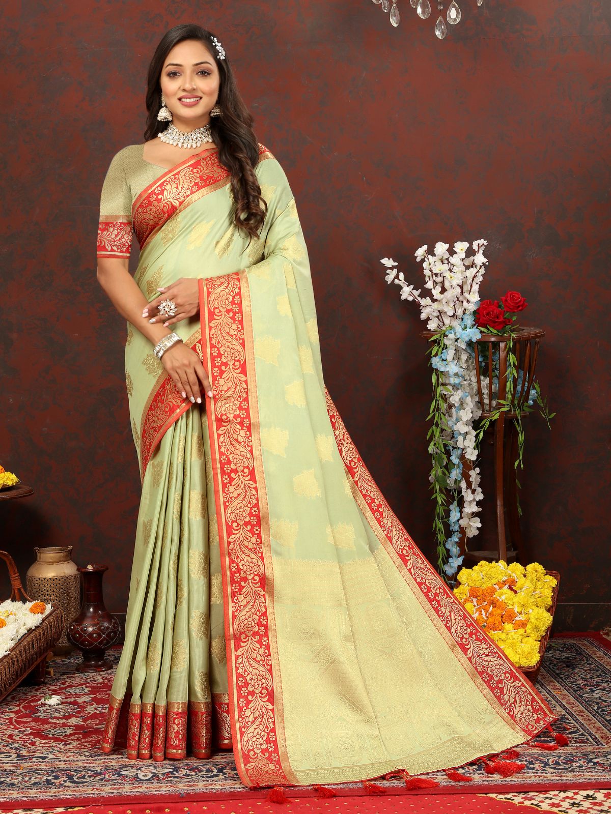 Odette Light Green Cotton Blend Woven Saree with Unstitched Blouse for Women