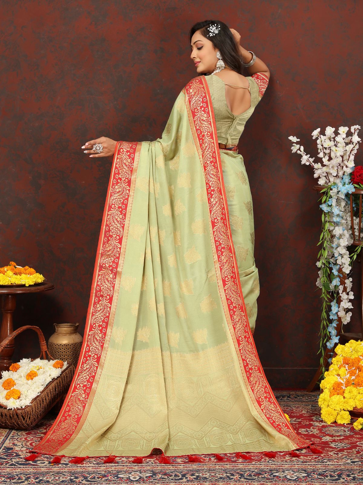 Odette Light Green Cotton Blend Woven Saree with Unstitched Blouse for Women