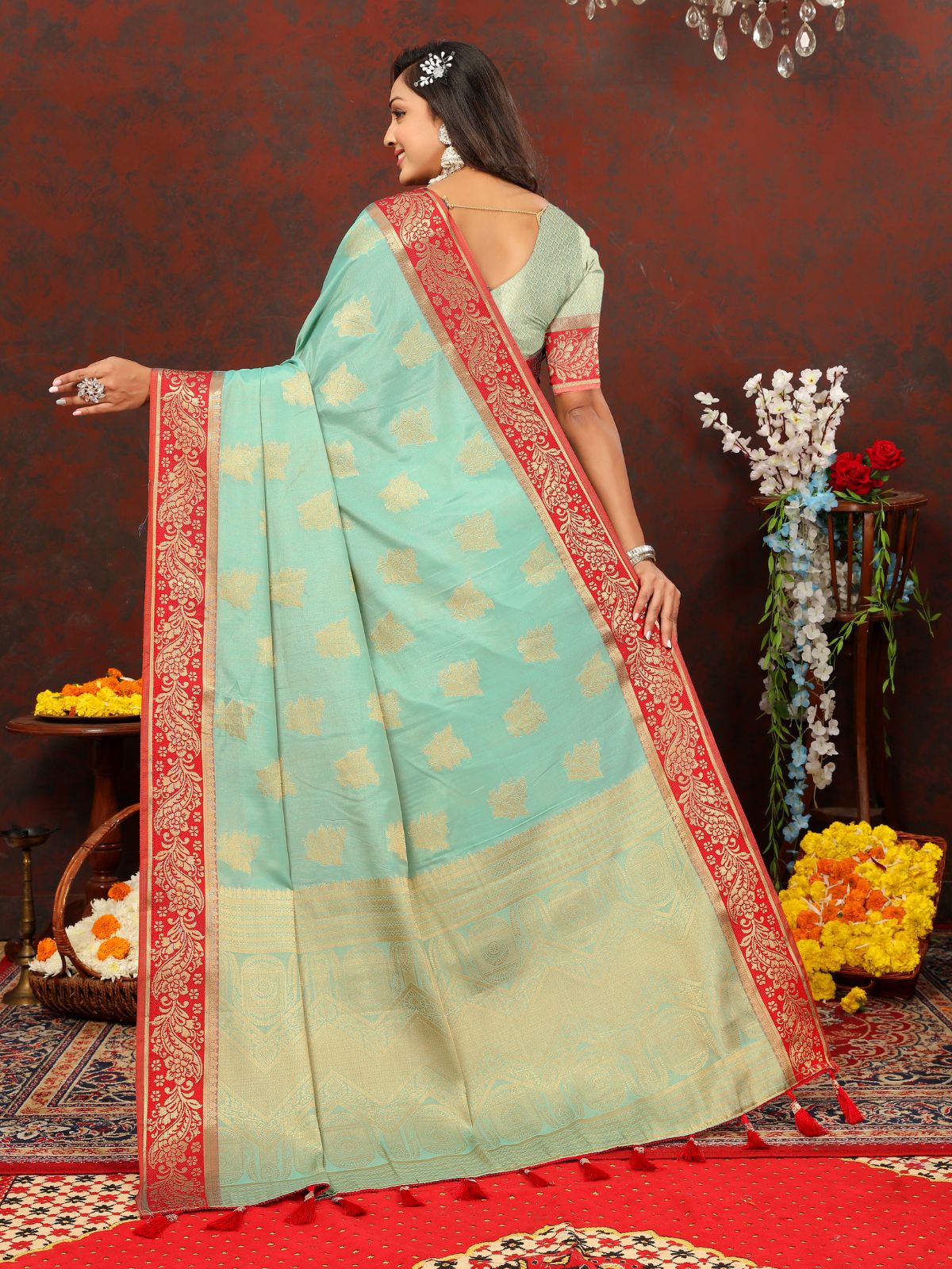 Odette Blue Cotton Blend Woven Saree with Unstitched Blouse for Women