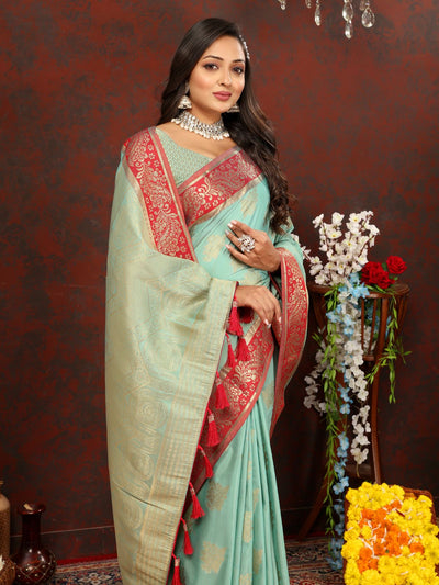 Odette Blue Cotton Blend Woven Saree with Unstitched Blouse for Women