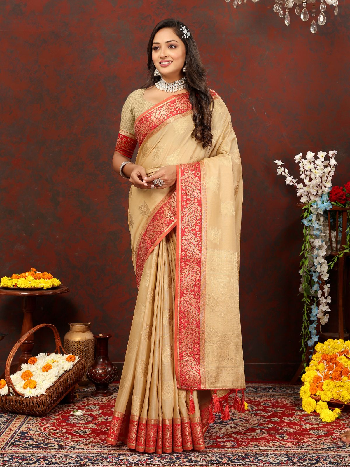 Odette Cream Cotton Blend Woven Saree with Unstitched Blouse for Women