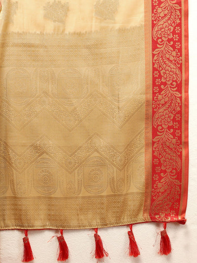 Odette Cream Cotton Blend Woven Saree with Unstitched Blouse for Women