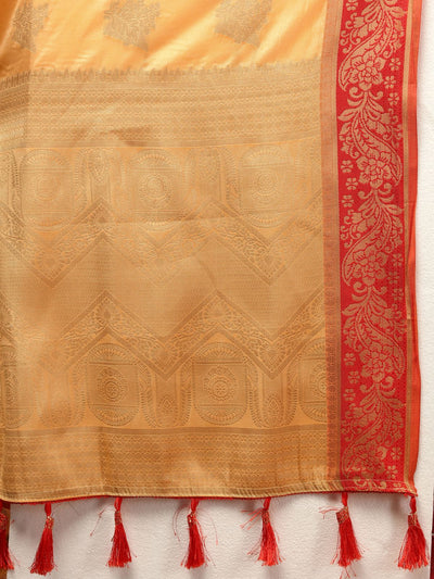 Odette Yellow Cotton Blend Woven Saree with Unstitched Blouse for Women