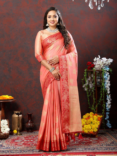 Odette Peach Cotton Blend Woven Saree with Unstitched Blouse for Women