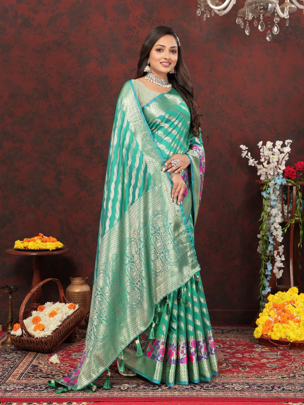 Odette Sea Green Silk Gold Zari Woven Saree with Unstitched Blouse for Women