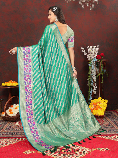 Odette Sea Green Silk Gold Zari Woven Saree with Unstitched Blouse for Women