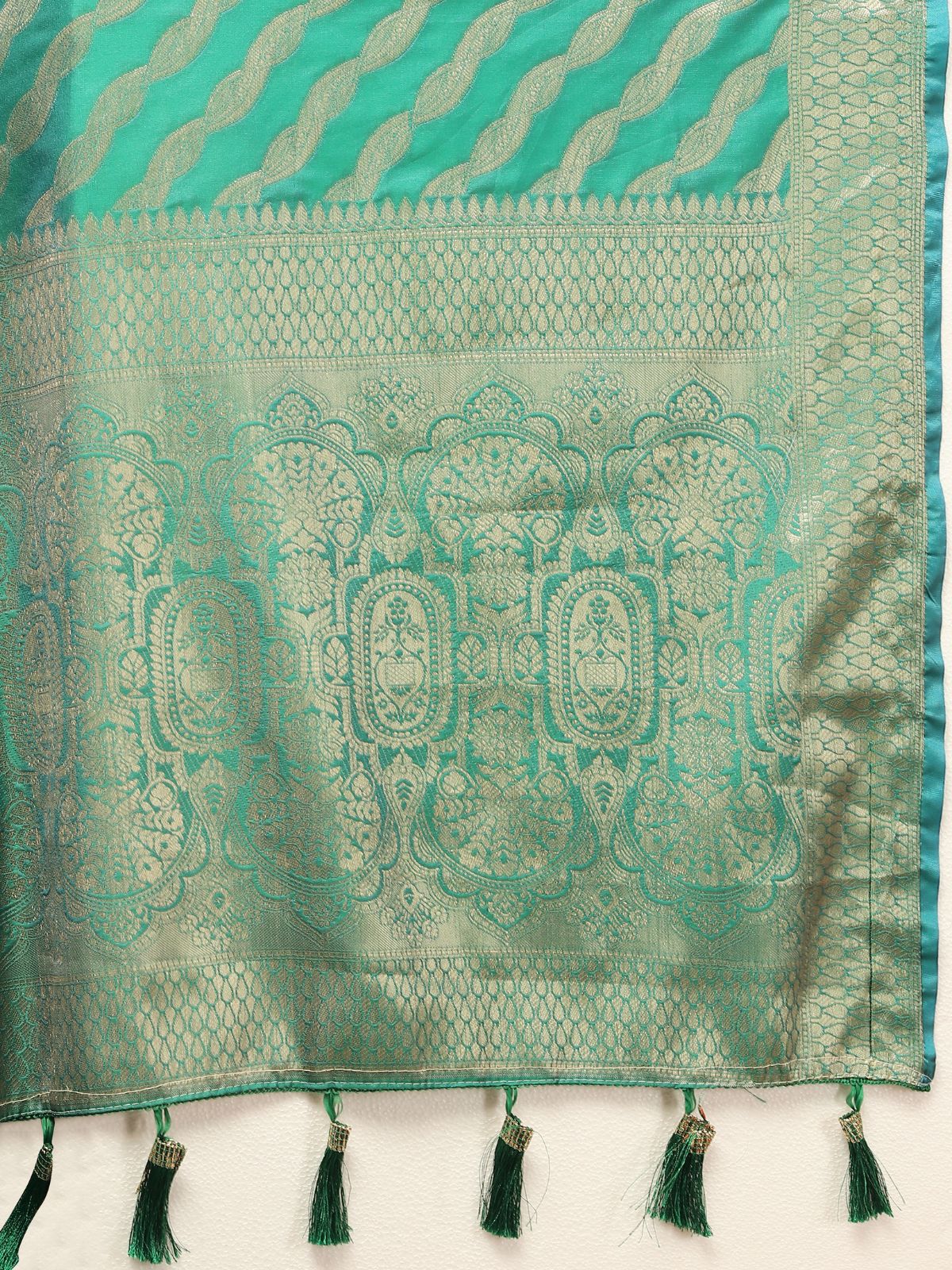 Odette Sea Green Silk Gold Zari Woven Saree with Unstitched Blouse for Women