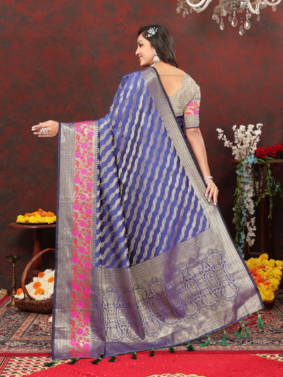Odette Blue Silk Gold Zari Woven Saree with Unstitched Blouse for Women