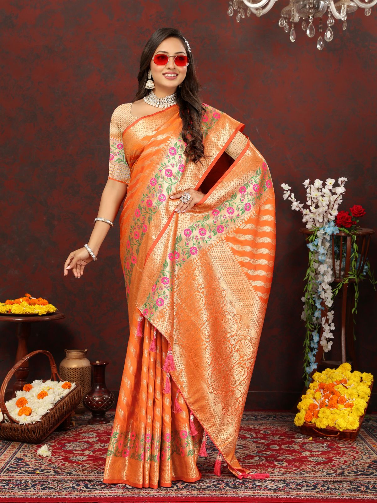 Odette Orange Silk Gold Zari Woven Saree with Unstitched Blouse for Women