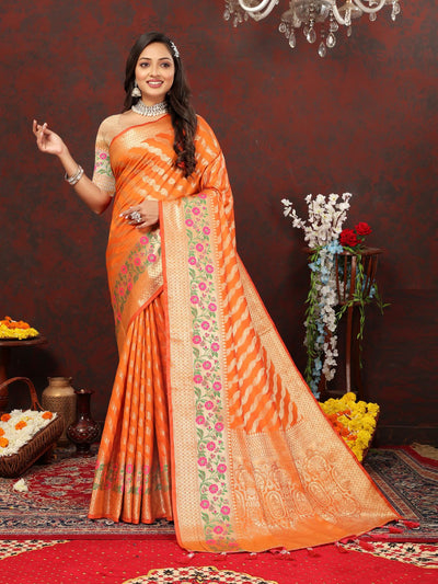 Odette Orange Silk Gold Zari Woven Saree with Unstitched Blouse for Women