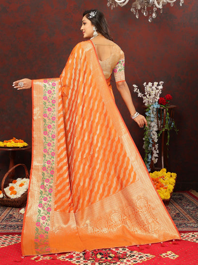 Odette Orange Silk Gold Zari Woven Saree with Unstitched Blouse for Women