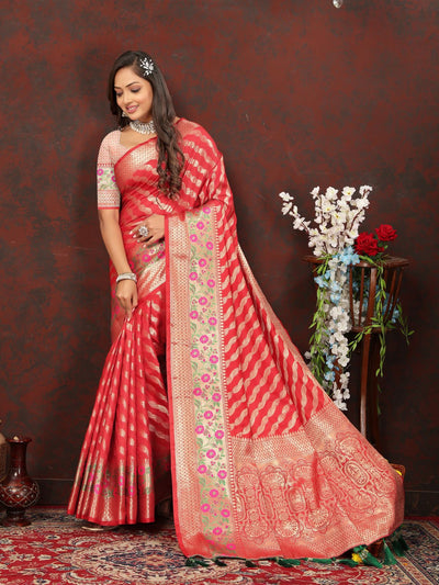 Odette Red Silk Gold Zari Woven Saree with Unstitched Blouse for Women