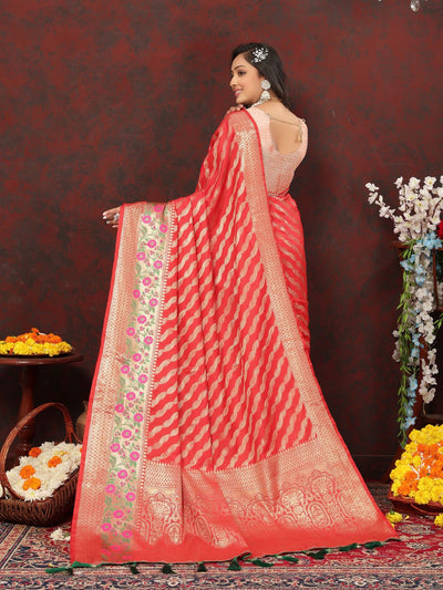 Odette Red Silk Gold Zari Woven Saree with Unstitched Blouse for Women