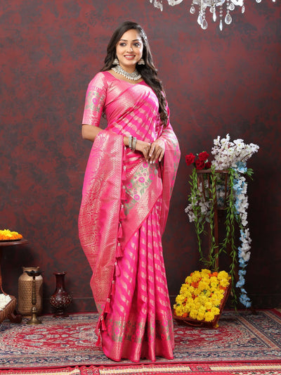 Odette Pink Silk Gold Zari Woven Saree with Unstitched Blouse for Women
