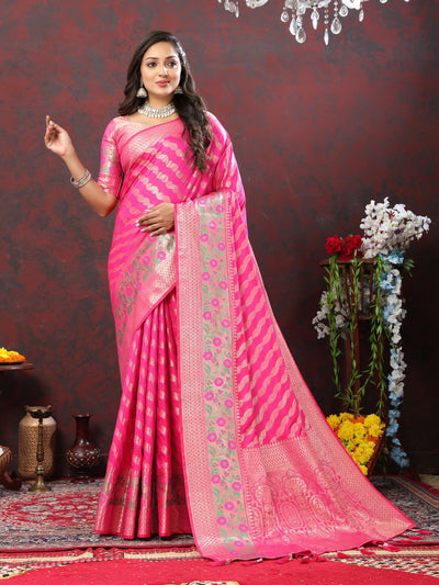 Odette Pink Silk Gold Zari Woven Saree with Unstitched Blouse for Women