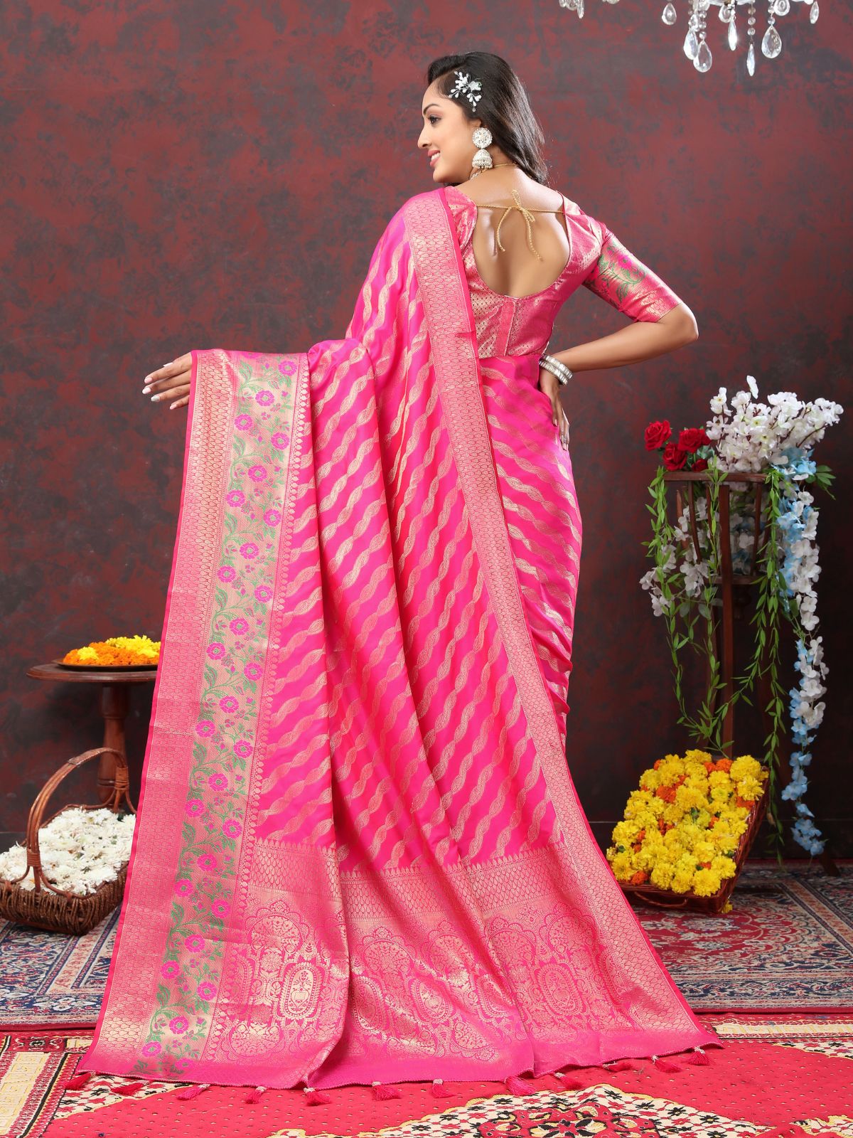 Odette Pink Silk Gold Zari Woven Saree with Unstitched Blouse for Women