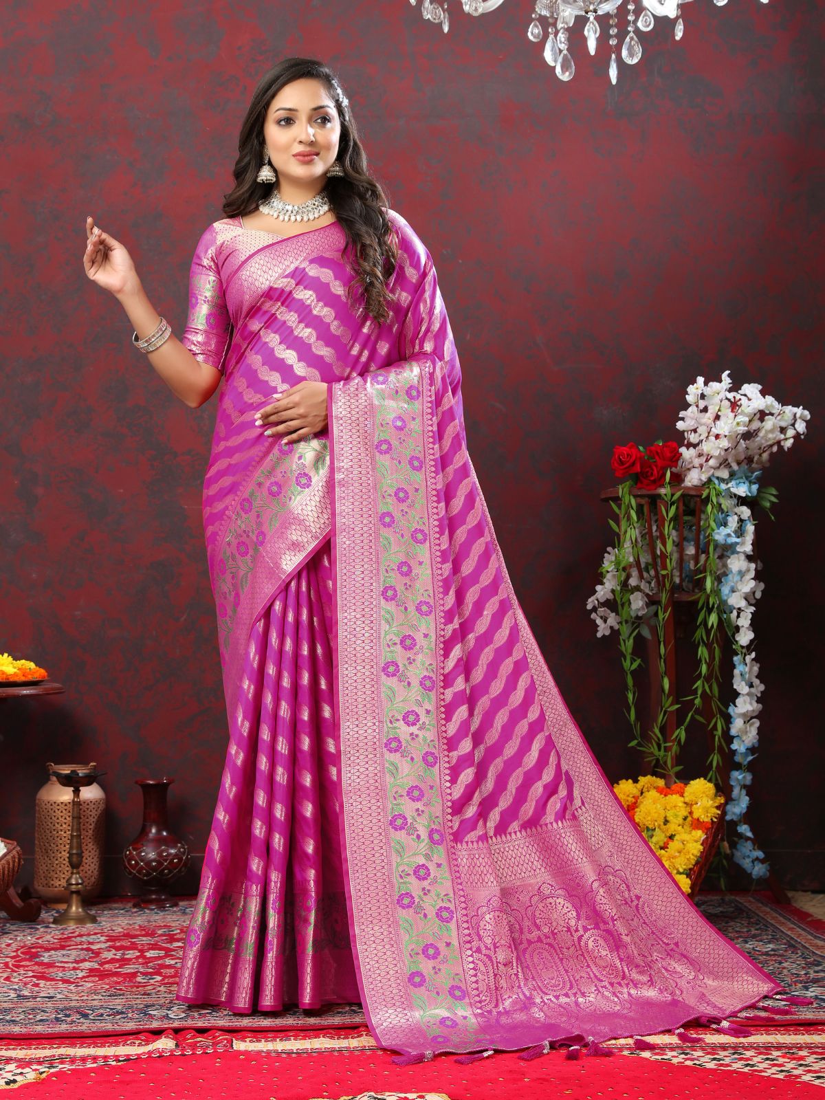 Odette Magenta Silk Gold Zari Woven Saree with Unstitched Blouse for Women