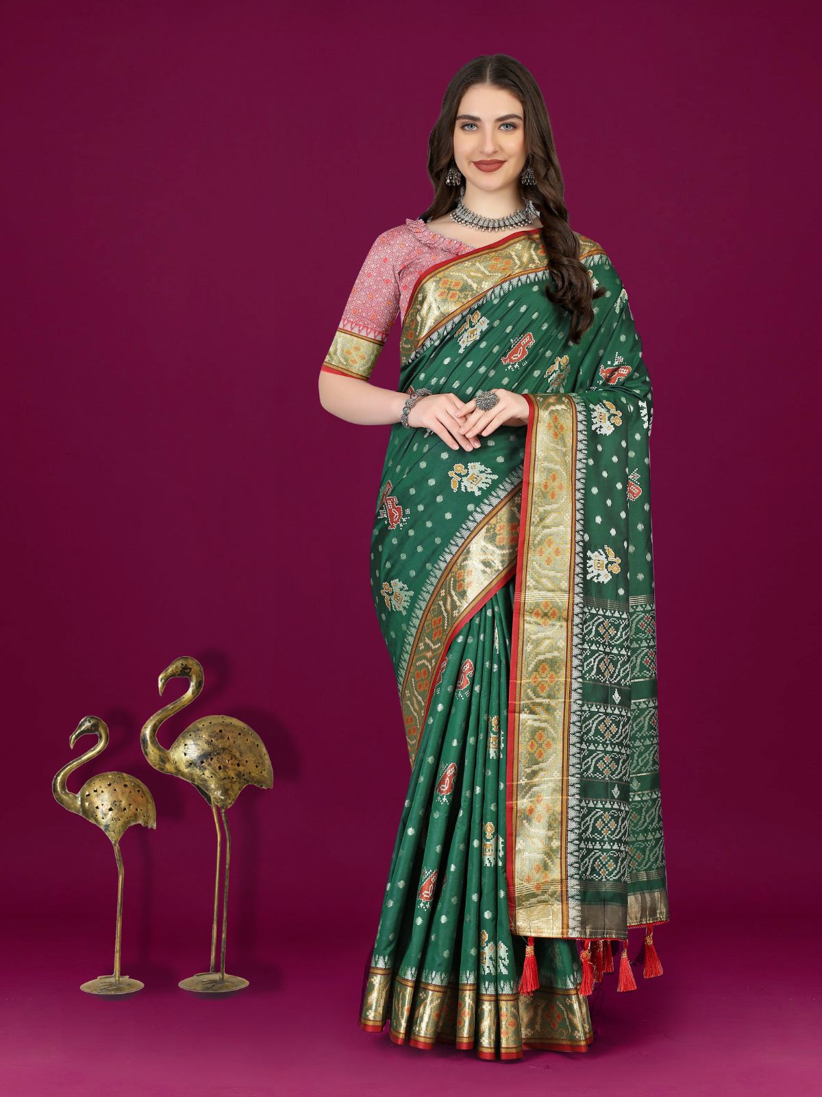 Odette Dark Green Silk Patola Woven Saree with Unstitched Blouse for Women