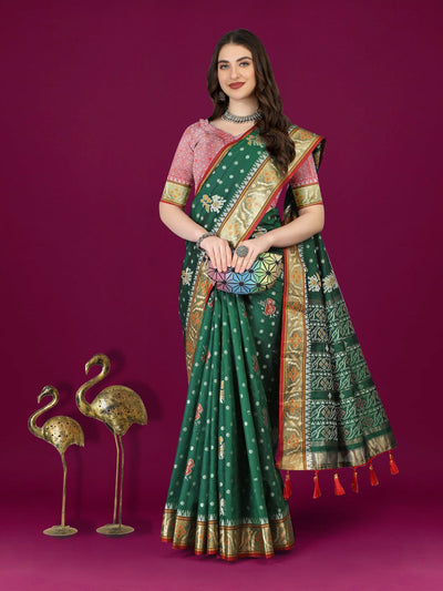 Odette Dark Green Silk Patola Woven Saree with Unstitched Blouse for Women