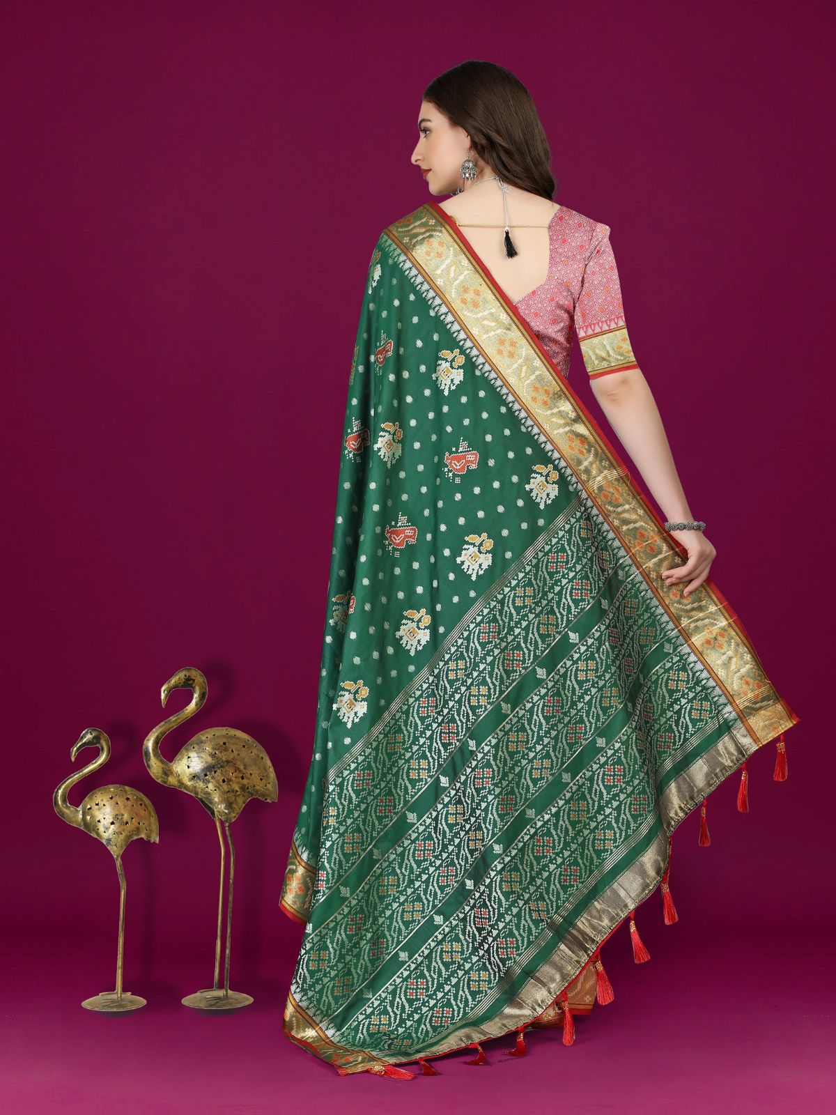 Odette Dark Green Silk Patola Woven Saree with Unstitched Blouse for Women