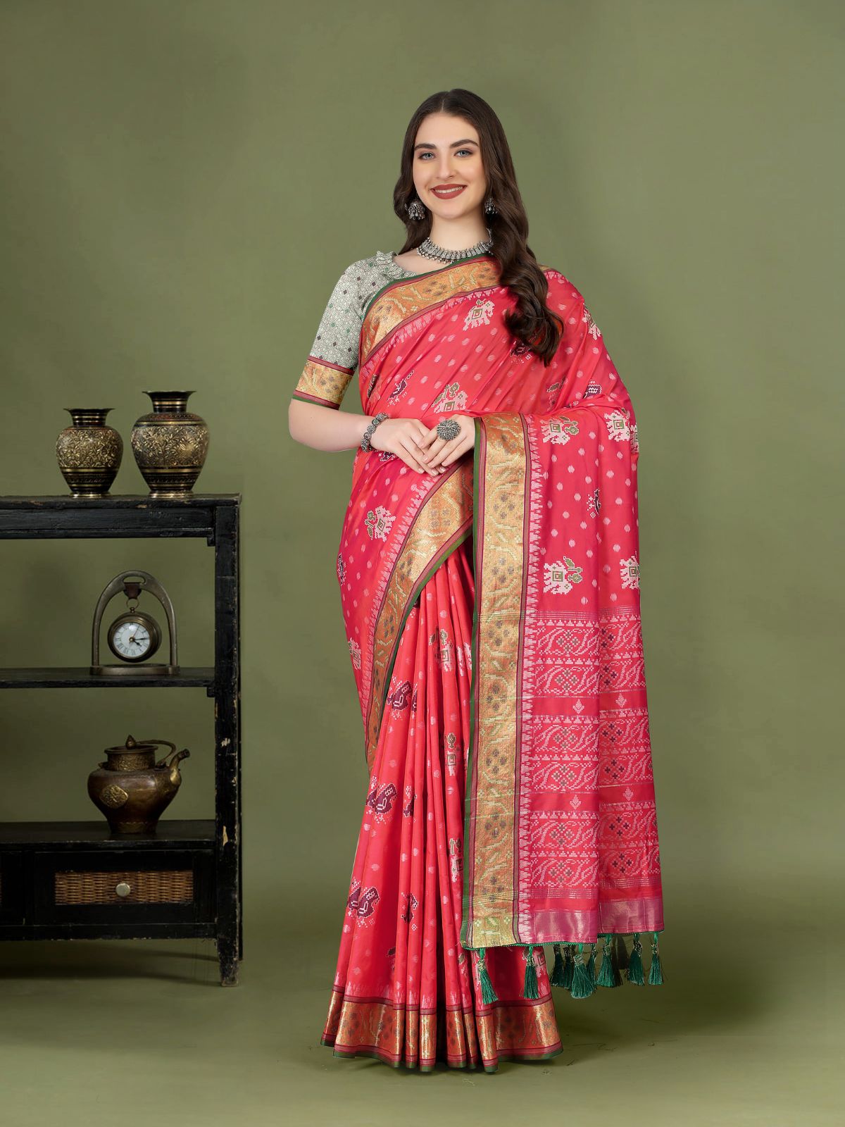 Odette Red Silk Patola Woven Saree with Unstitched Blouse for Women