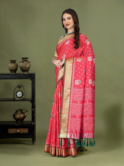 Odette Red Silk Patola Woven Saree with Unstitched Blouse for Women