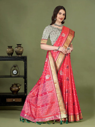 Odette Red Silk Patola Woven Saree with Unstitched Blouse for Women