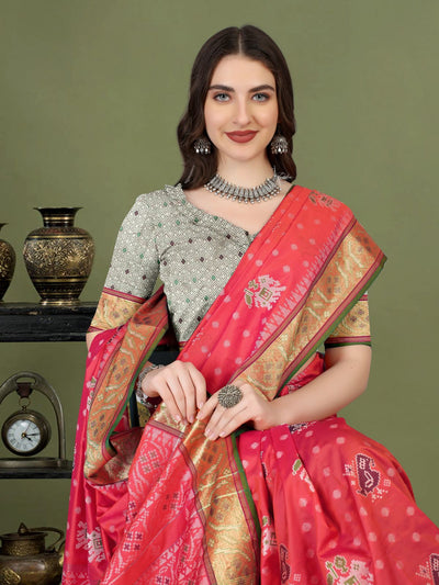 Odette Red Silk Patola Woven Saree with Unstitched Blouse for Women