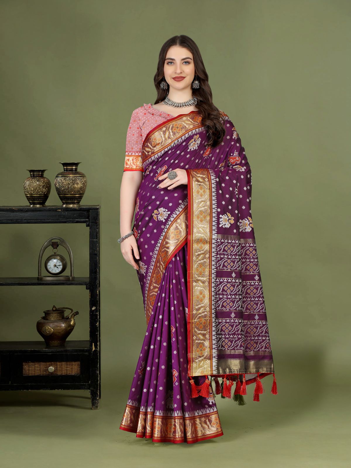 Odette Purple Silk Patola Woven Saree with Unstiched Blouse For Women