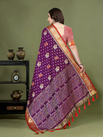 Odette Purple Silk Patola Woven Saree with Unstiched Blouse For Women