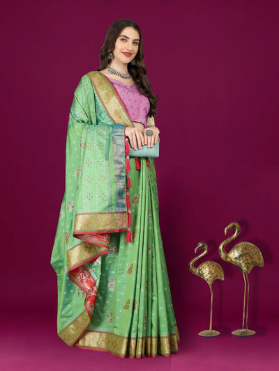 Odette Sea Green Silk Patola Woven Saree with Unstitched Blouse For Women