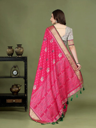 Odette Pink Silk Patola Woven Saree with Unstitched Blouse For Women