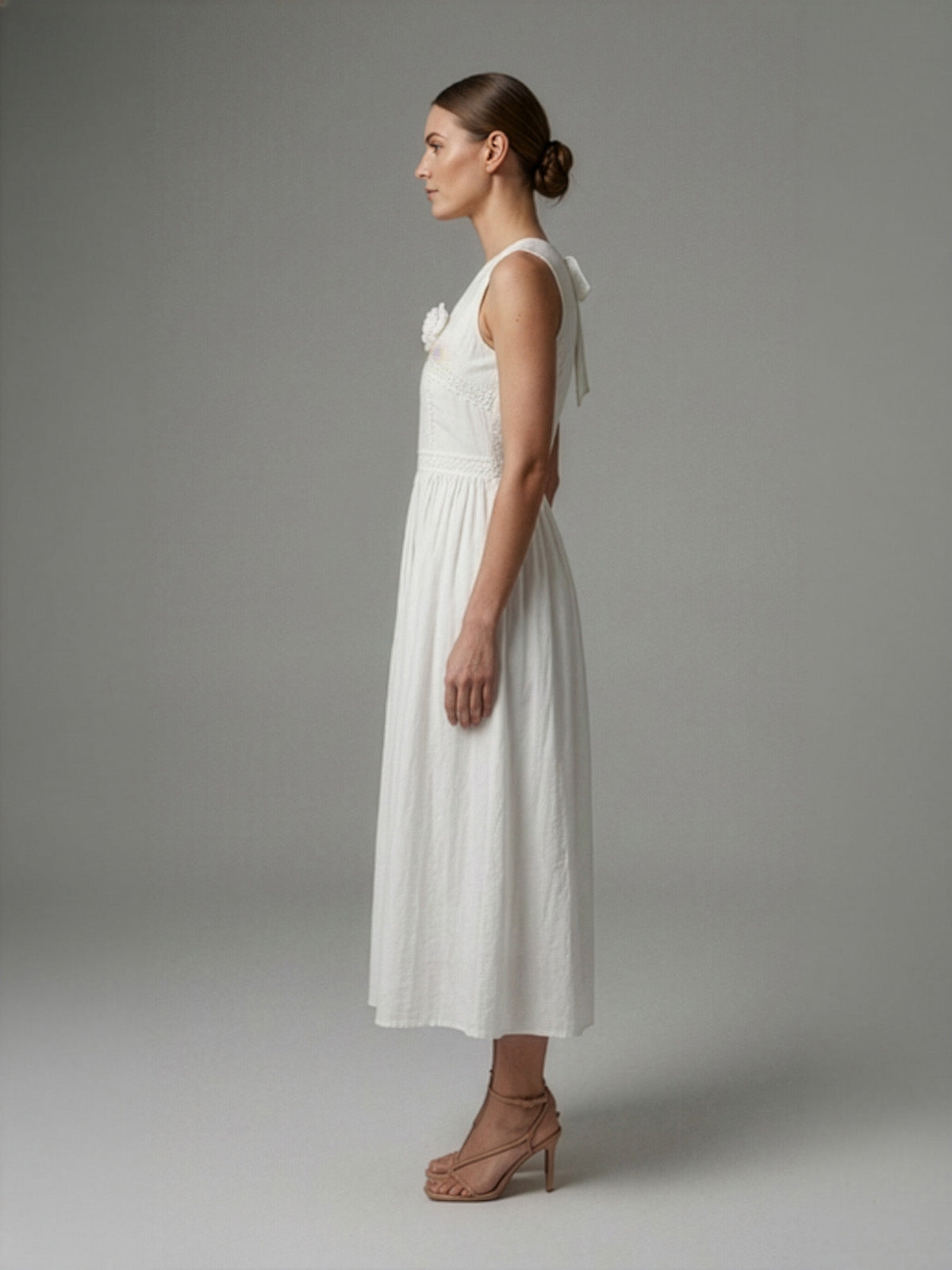 Odette White Poly Cotton Floral Applique Dresses For Women