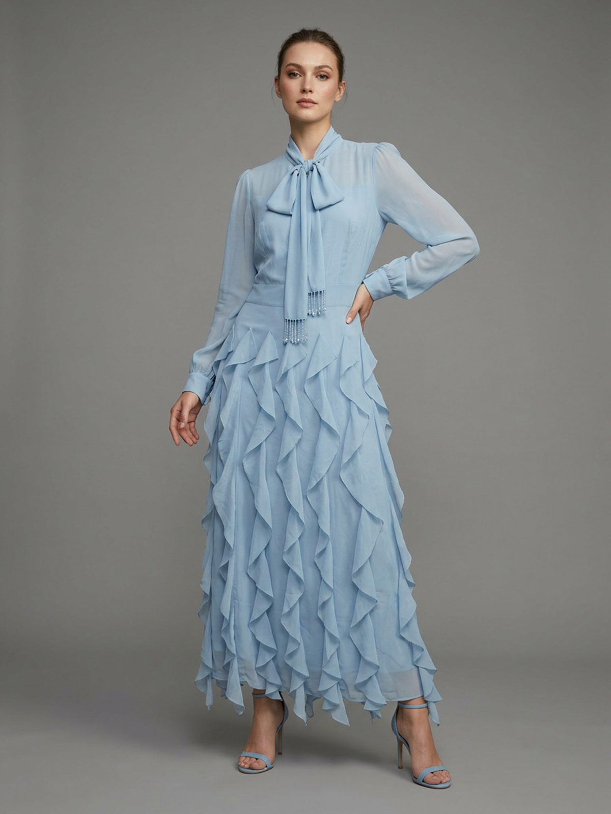 Odette Pastel Blue Georgette Plain Dresses For Women